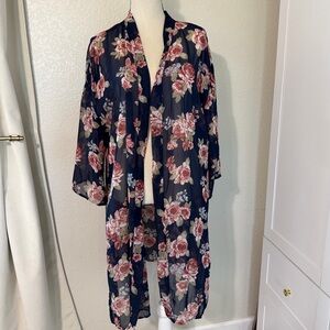 No Boundaries Floral Sheer Long Kimono Robe - Navy with Pink Roses